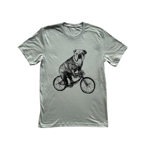 English Bulldog on a Bicycle T-Shirt, Men's/Unisex, Light Gray