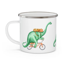 Dinosaur trio riding bikes enamel mug with stainless rim