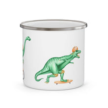 Dinosaur trio riding bikes enamel mug with stainless rim