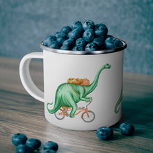 Dinosaur trio riding bikes enamel mug with stainless rim