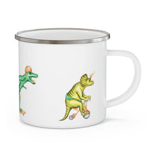 Dinosaur trio riding bikes enamel mug with stainless rim