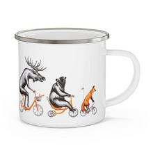 Moose, Bear and Fox Riding A Bike Enamel Mug with Stainless Rim