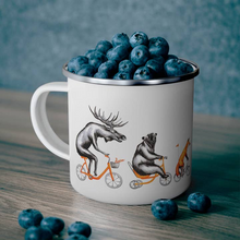 Moose, Bear and Fox Riding A Bike Enamel Mug with Stainless Rim