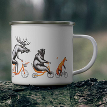 Moose, Bear and Fox Riding A Bike Enamel Mug with Stainless Rim