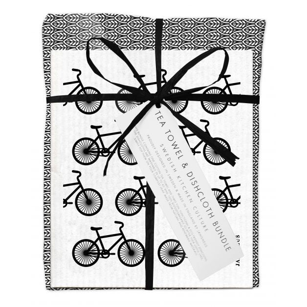 Swedish Dishcloth and Tea Towel Bundle, Bikes and Leaves