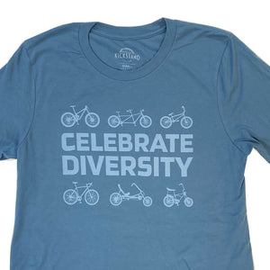 Celebrate Diversity Bicycle T-Shirt from Kickstand Culture, Steel Blue, Unisex