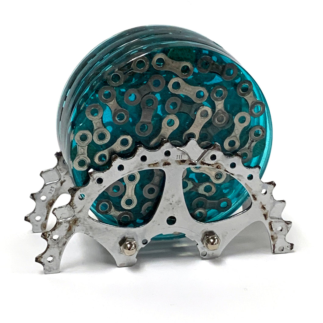 Bicycle Chain Link Resin Coasters - Set of 4 - with display holder